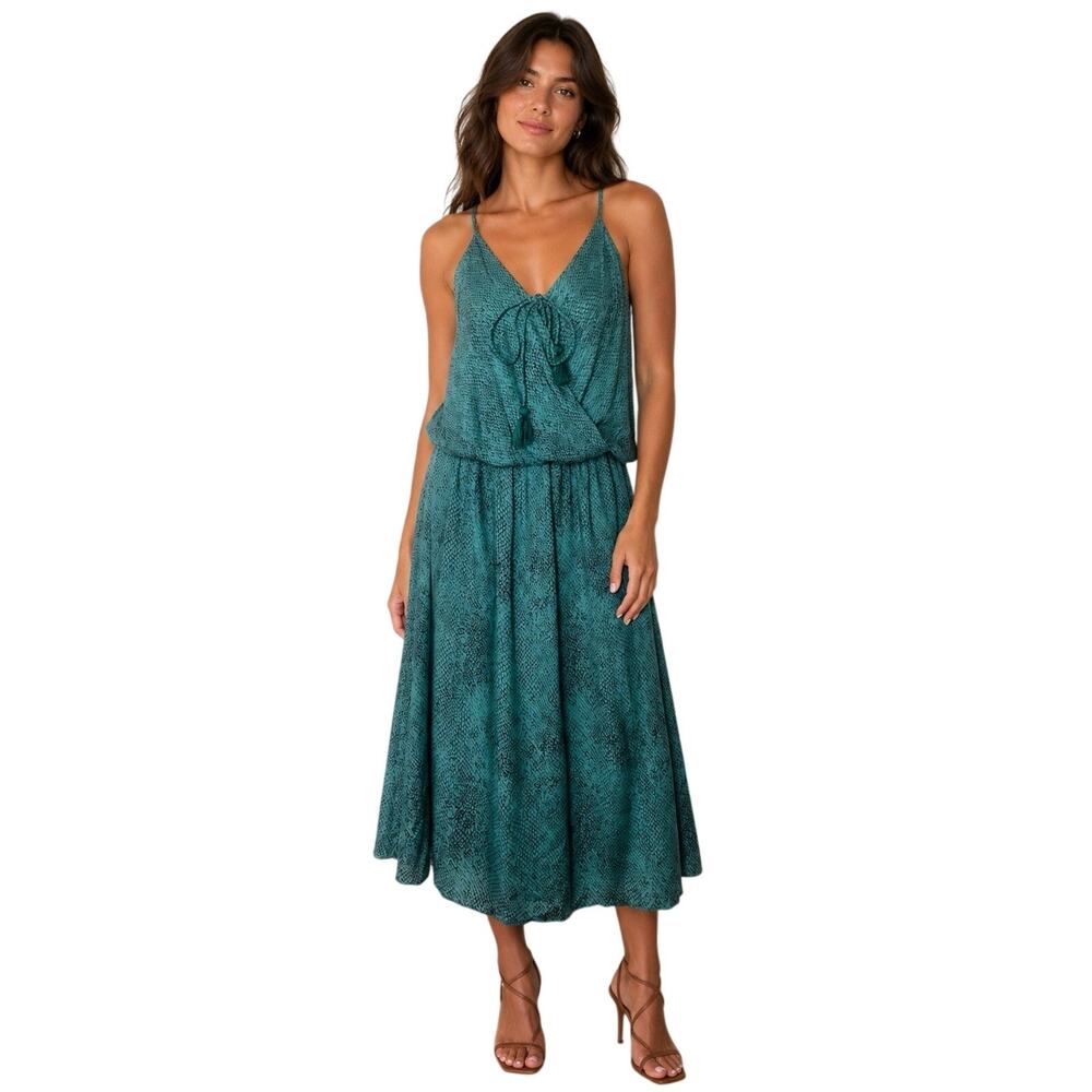 Khush Acey Midi Racerback Tassel Dress Sz XS Green Print Boho Resort Vacation
